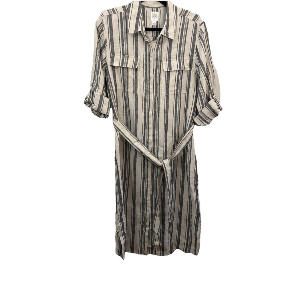 Core Life Linen Striped Button Down Shirt Dress Tan Cream Belted Size Medium